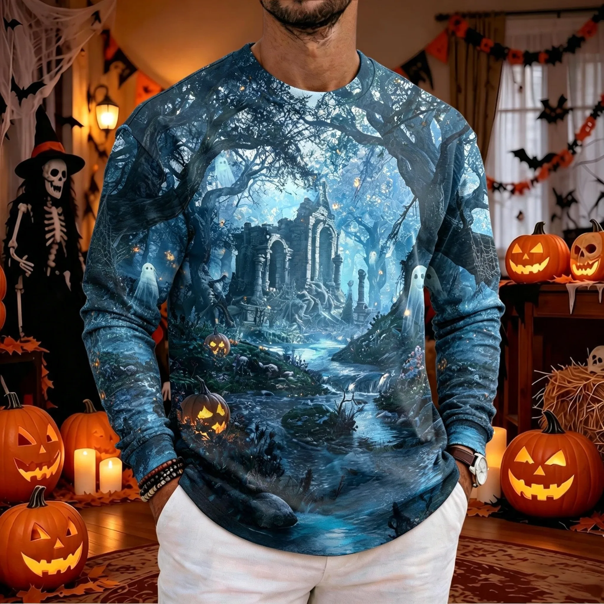 Men Halloween Long Sleeve T‑Shirt 3D Print Haunted Castle Ocean Monster Ghost Graphic Crew Neck Casual Party Tops