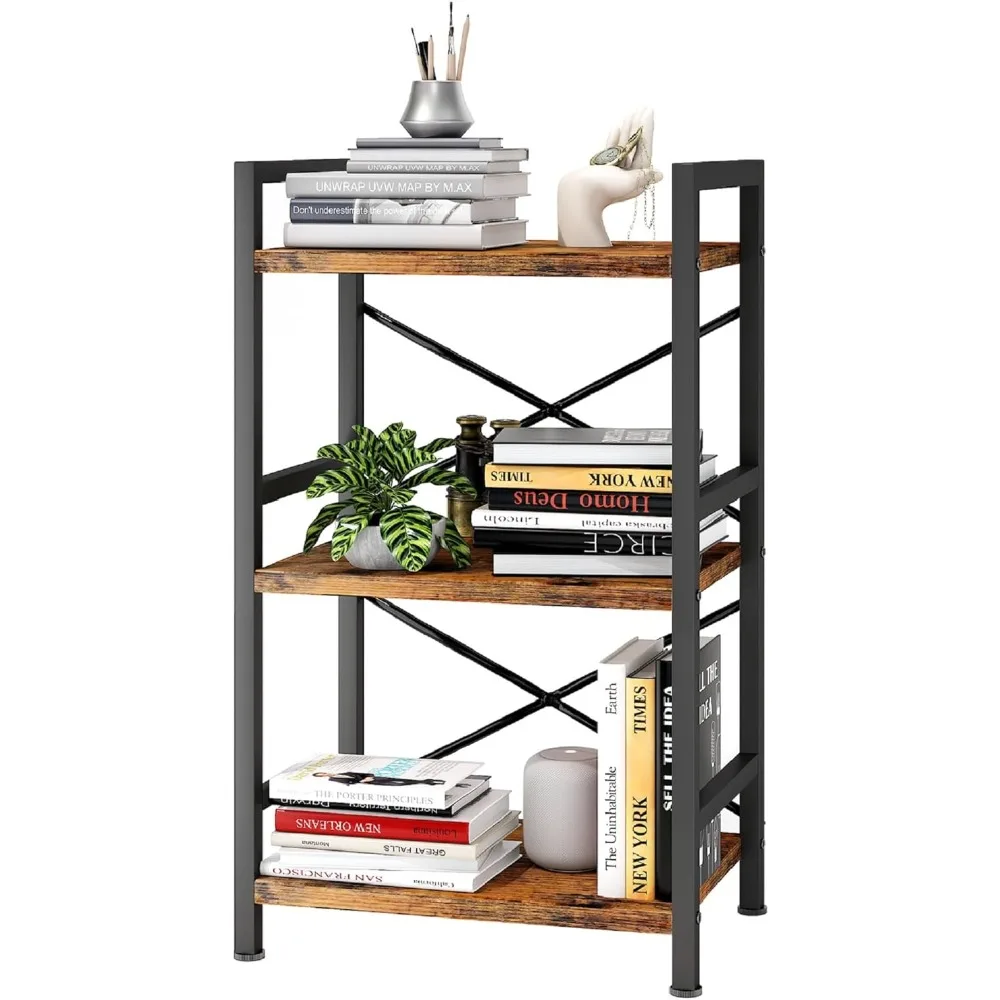 

3 Tier Industrial Bookcase, Metal Small Bookcase, Rustic Etagere Book Shelf Storage Organizer for Living Room