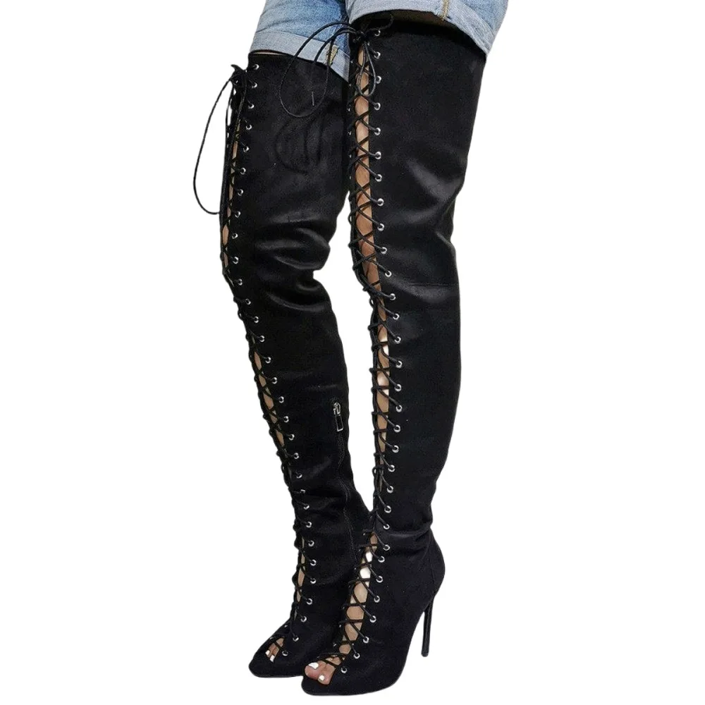 Women Black Thigh High Boots Front Lace Up Over The Knee Boots Black High Heel Long Botas Peep Toe Sandals Shoes Zapatos Mujer