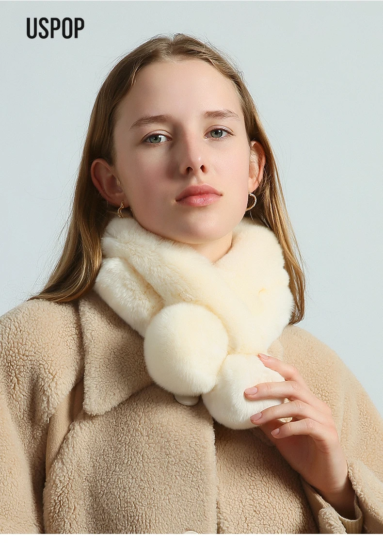 

USPOP Women Winter Genuine Rex Rabbit Fur Scarf Collar Warm Thick Plush Real Fur Neck Warmer with Pom Pom Warm Thickened Collar