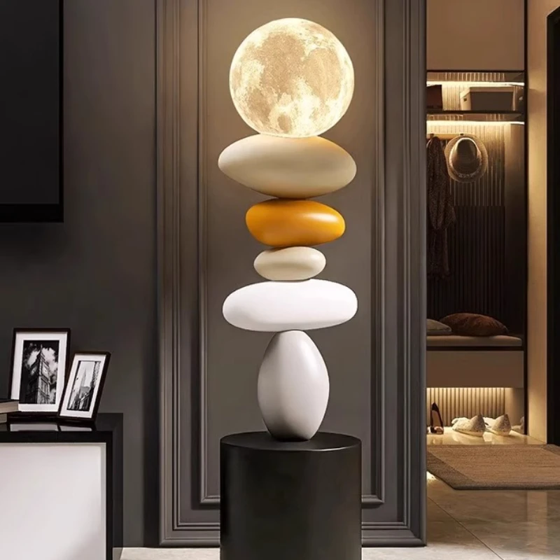 

Moden Stone Shape Resin Base LED Floor Lamp Moon Acrylic Lampshade Creative Living Room Bedroom Restaurant Office Standing Light