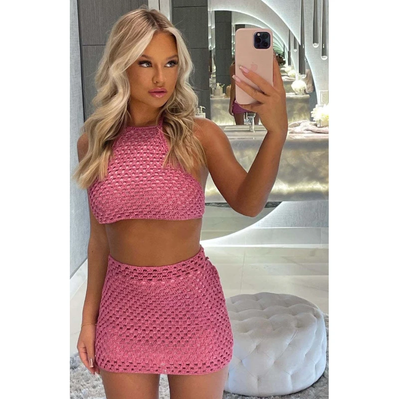 ฤดูใบไม้ผลิ/ฤดูร้อน 2025 แฟชั่นผู้หญิงถัก Openwork Spice สาวชุดกระโปรงสะโพกและ Halter Top