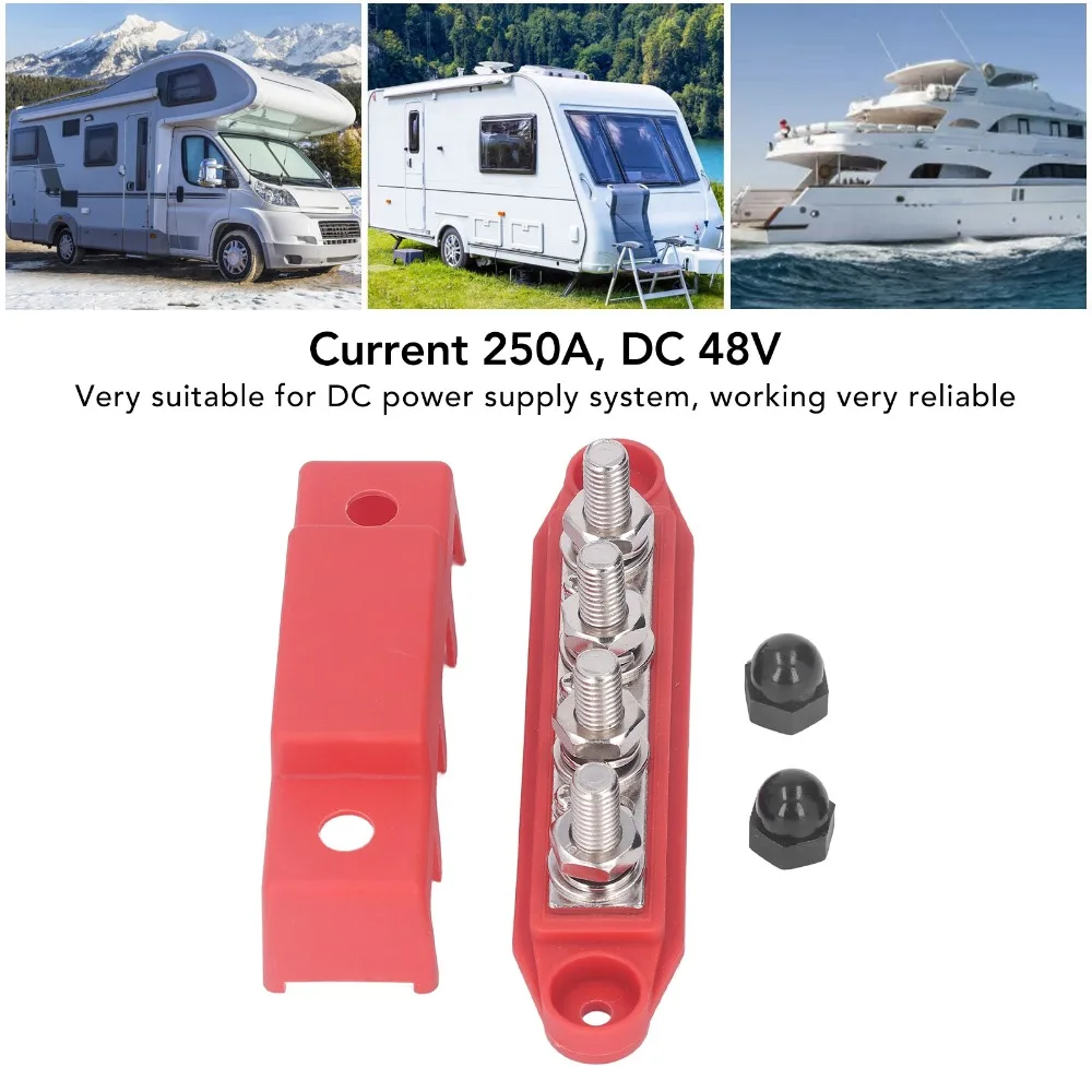 Screw Terminals 4 Position M10 Studs Bus Bar M10 3/8 48VDC 250A Power Distribution Block Red/Black 48VDC Bus Bar Marine