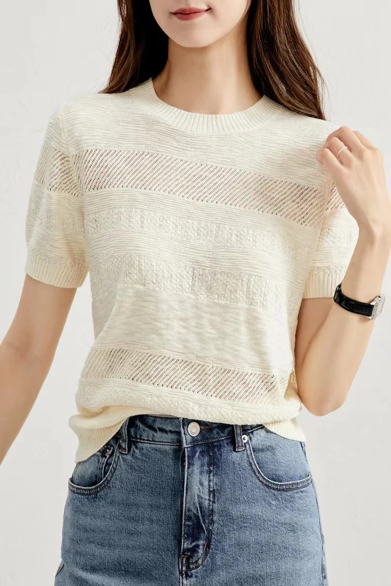 2024 New Cashmere short sleeves O-Neck hollow cashmere knit short sleeve women spring summer loose thin Cashmere short sleeves