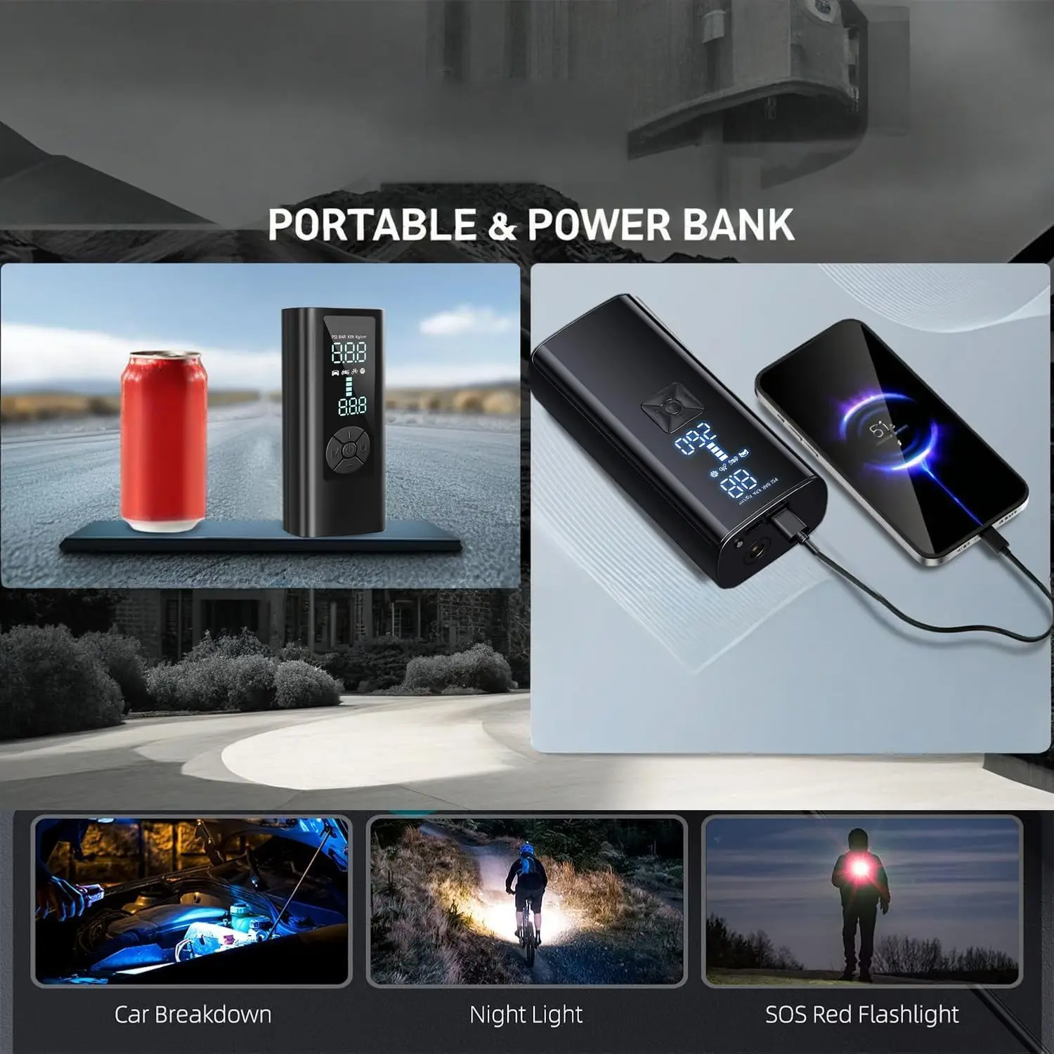 ضاغط هواء محمول BZY 5X أسرع، مضخة هواء لاسلكية 180 رطل لكل بوصة مربعة مع مقياس رقمي لإطارات السيارات والدراجة والدراجات النارية