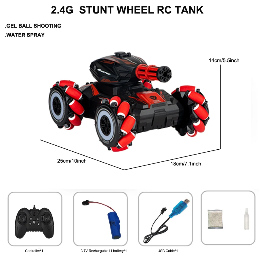 2.4G long range RC tank with gel ball shooting water spray stunt wheels for 6-18 years kids teenage adult game play