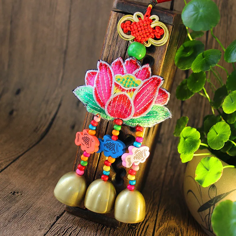 

10pcs # wholesale backpack bag home CAR wall efficacious Mascot native Lotus FENG SHUI copper bell lucky Embroidery