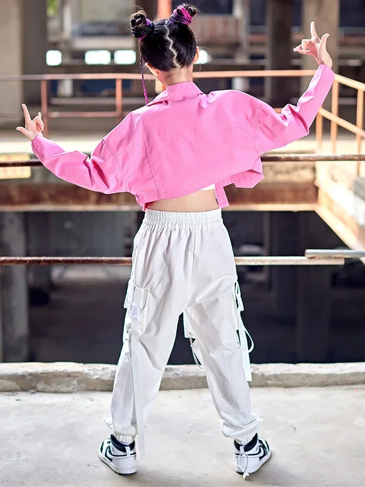 Girls Hip Hop Clothing Pink Long Sleeved Coat White Vest Pants Modern Dance Performance Stage Wear Jazz Dance Costume