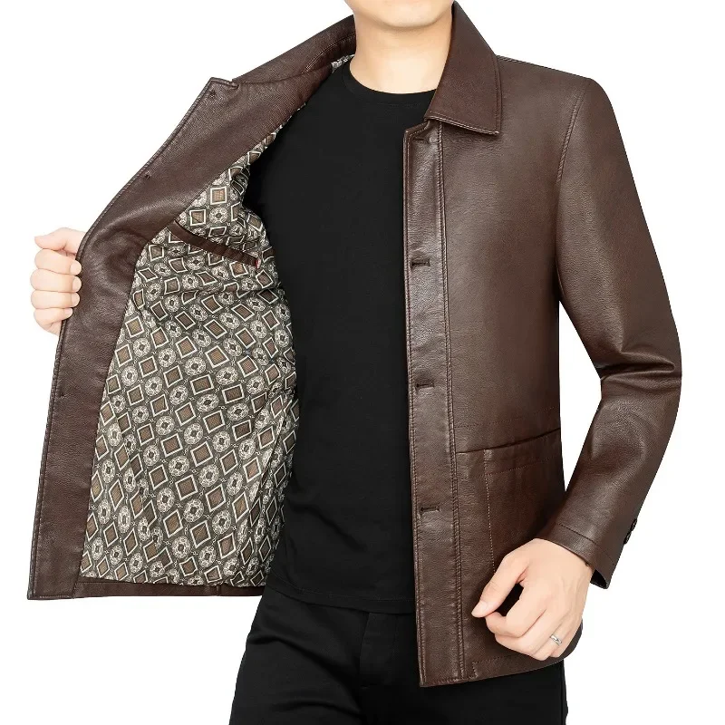 

Мужское кожаное пальто большого размера среднего возраста, модная осенне-зимняя новая утолщенная деловая повседневная мужская кожаная куртка на флисовой подкладке с лацканами