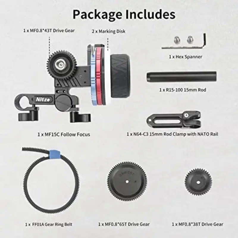 

Nitze Mini Follow Focus Kit MF15D with Drive Gears Marking Disks Gear Ring Belt 15mm Rod and Rod Clamp with NATO Rail - MF15C