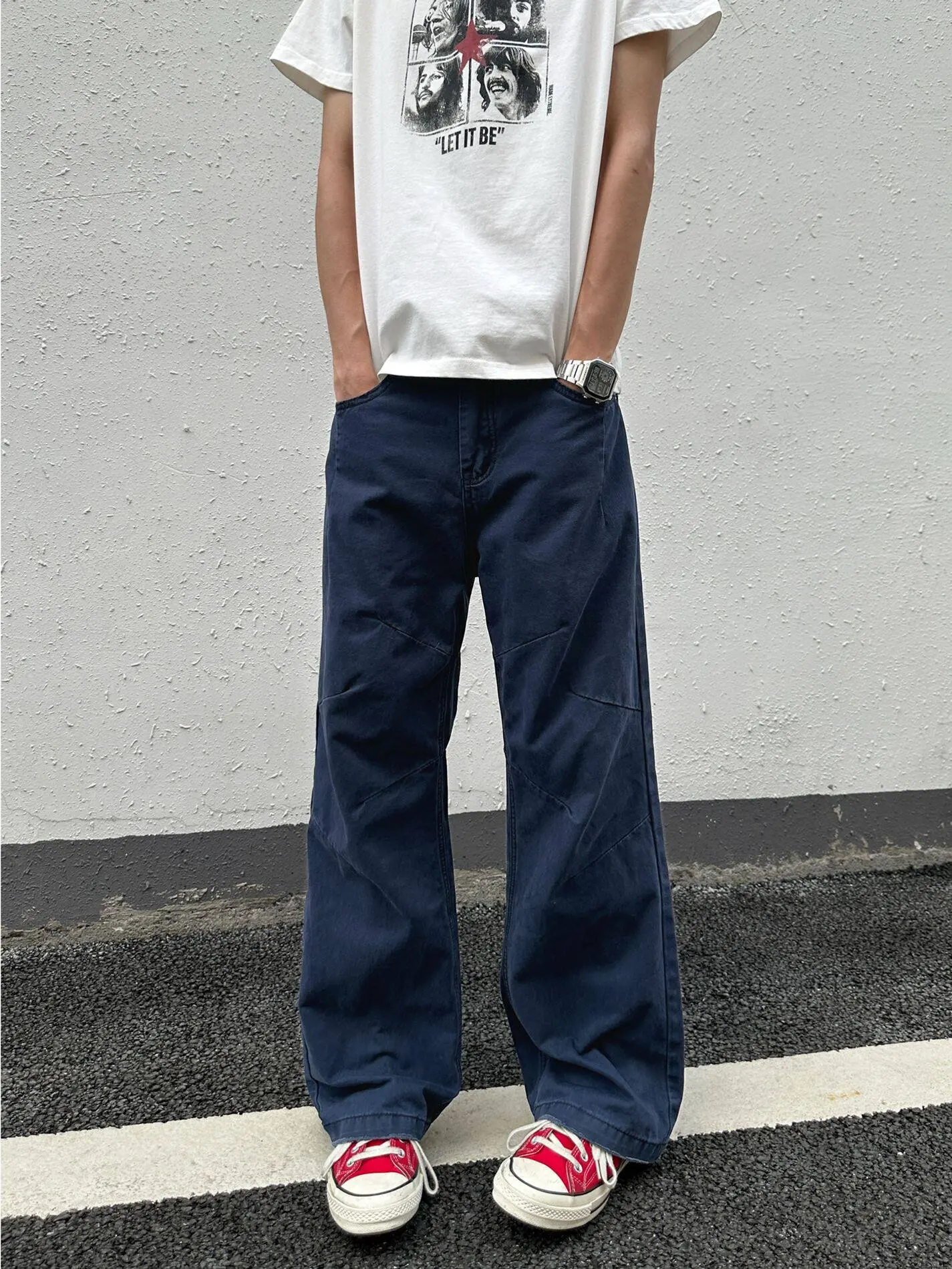 Cleanfit Style American High Street Men's Casual Jeans Loose Fit Distressed Washed Dark Blue Work Trousers Slimming Bootcut