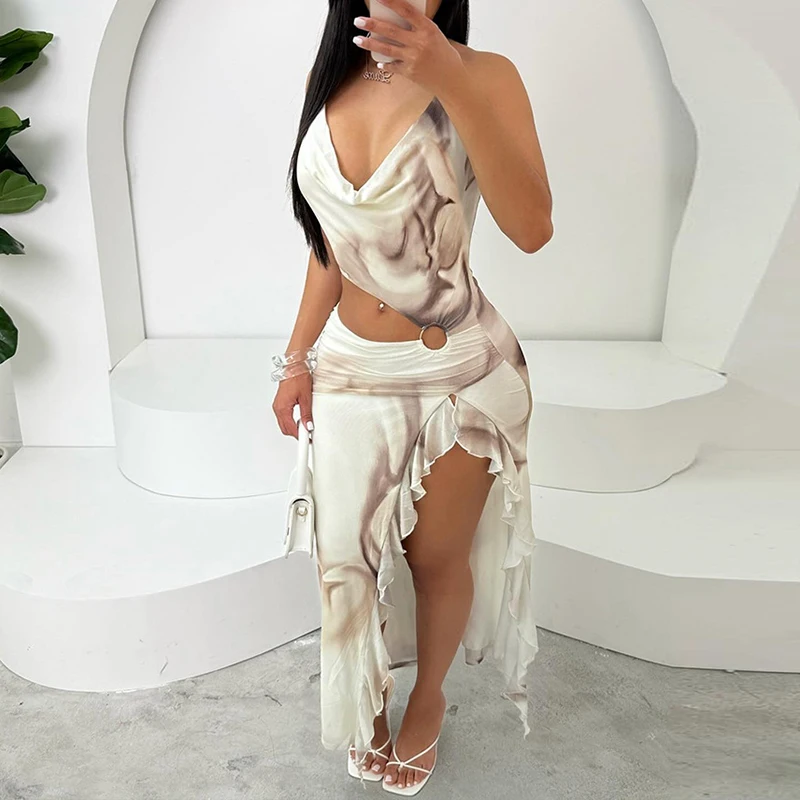 BKLD الصيف الوافدين الجدد المتناقضة المطبوعة المرأة غير المتماثلة تصميم شيك فستان حزام الرسن سوينغ الرقبة انقطاع الشق ميدي فستان