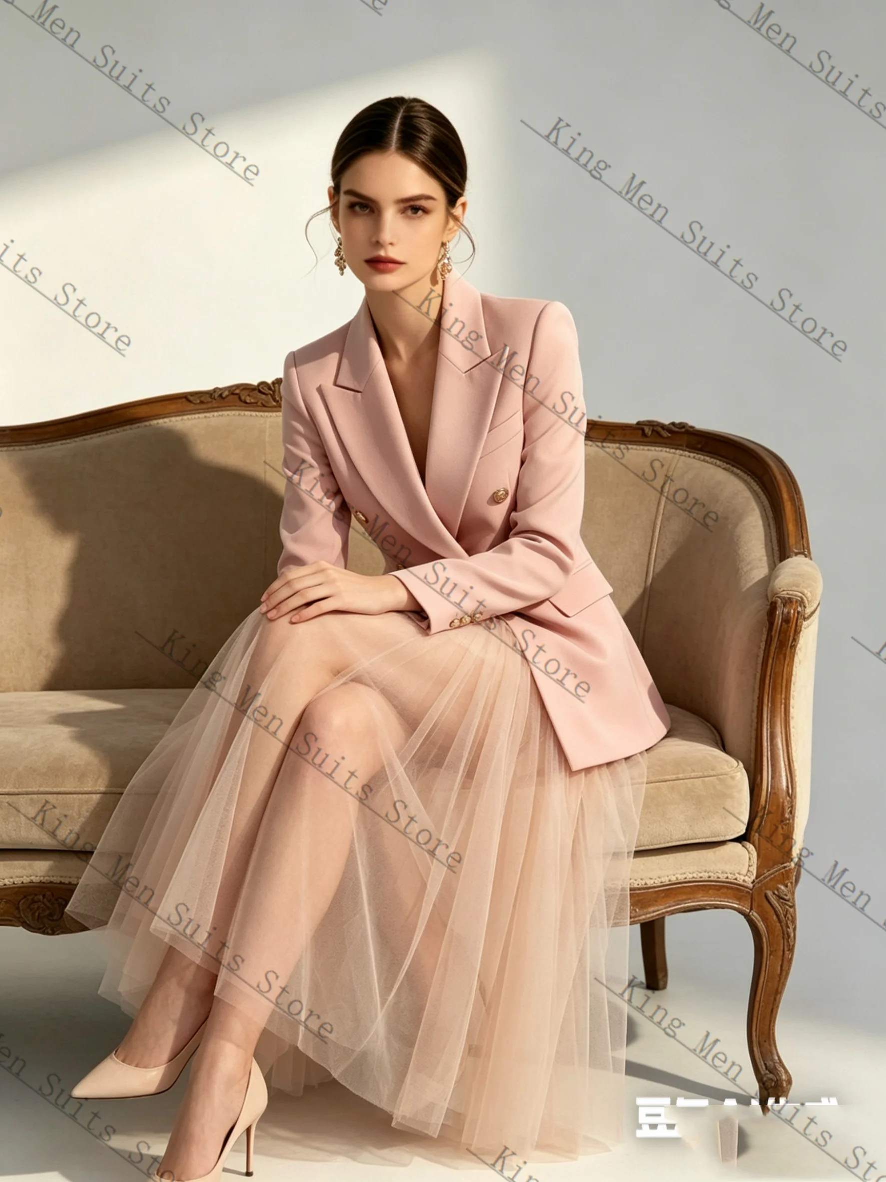 

Spring Women Suit Skirt 2 Pcs Blazer+Tulle Prom Dress Cotton Customized Formal Office Wedding Tuxedos Coat Jacket