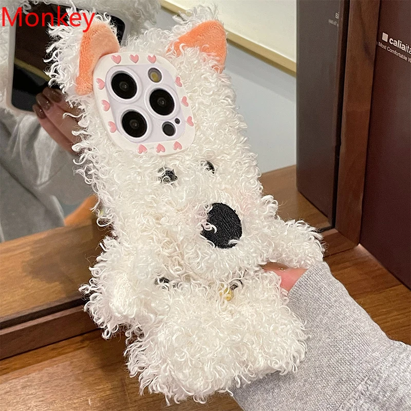 3D Cute West Highland Dog Fluffy Plush Phone Case For iPhone 16 Plus 15 Pro Max 14 13 12 11 Warm Winter Soft Silicone Back Cover