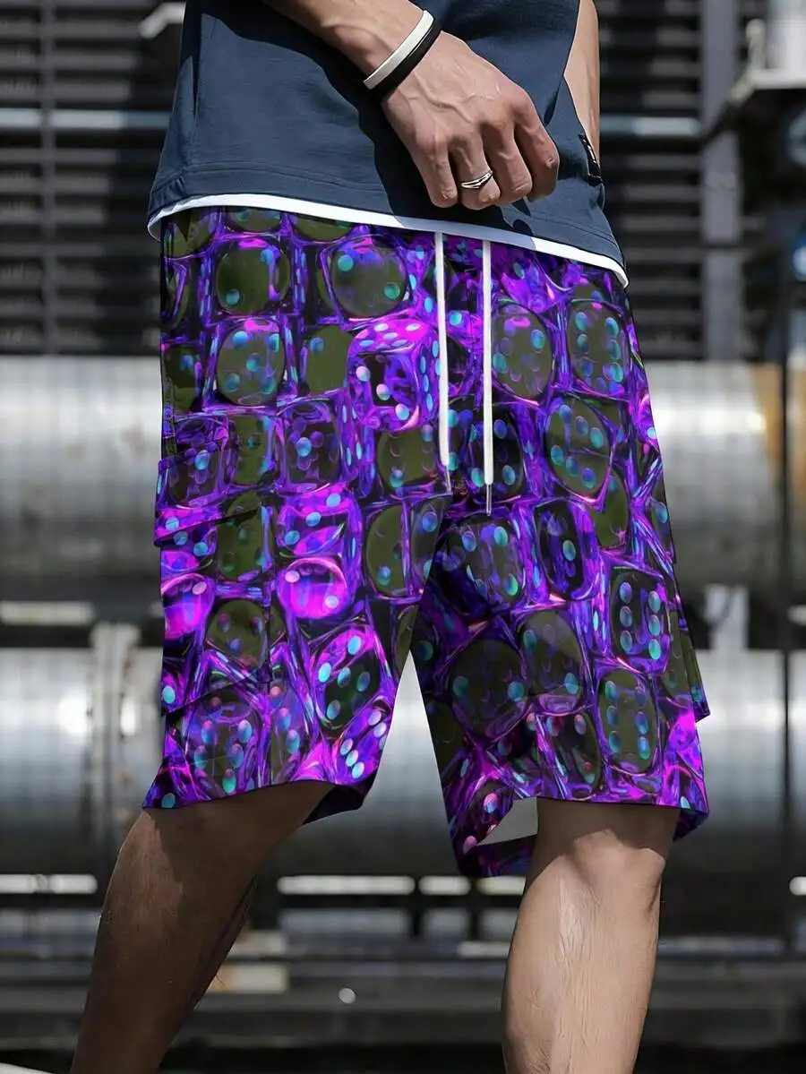 

Mens Casual Sports Shorts With Colorful Dice Print, Drawstring, Loose Fit, Polyester