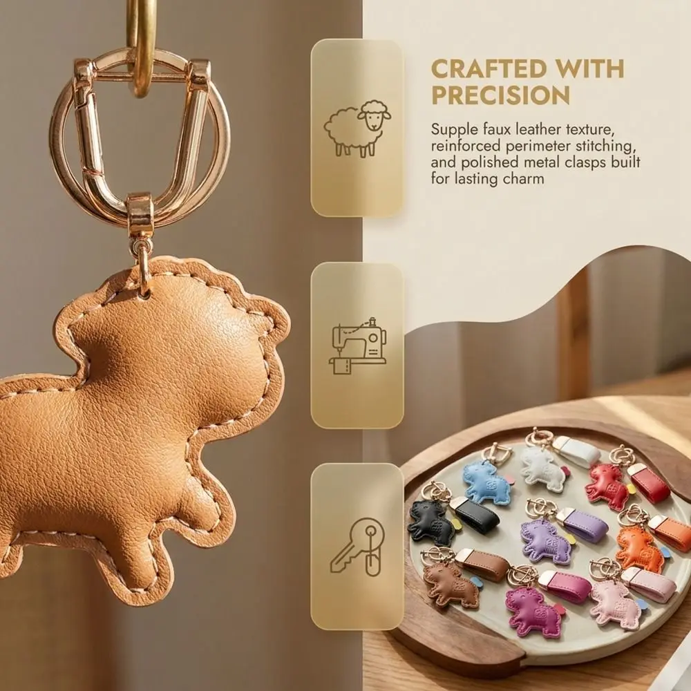 Kawaii Cartoon Pu-Lamm-Schlüsselanhänger, Leder-Zodiak-Ziegen-Anhänger, Anti-Verlust-Riemen, Ziegen-/Schaf-Taschenanhänger, Taschenhänger – Detail 2