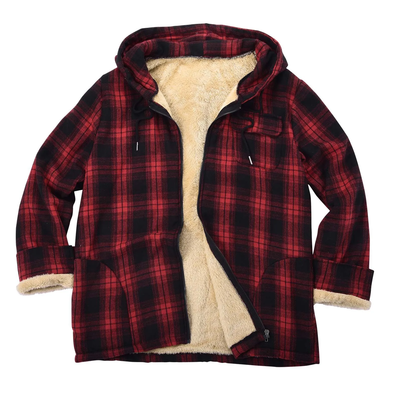 Winter Fleece Lined Hooded Shirts For Male Flannel Red Plaid Shirts Zipper Jackets Shirt Autumn Button European American Style