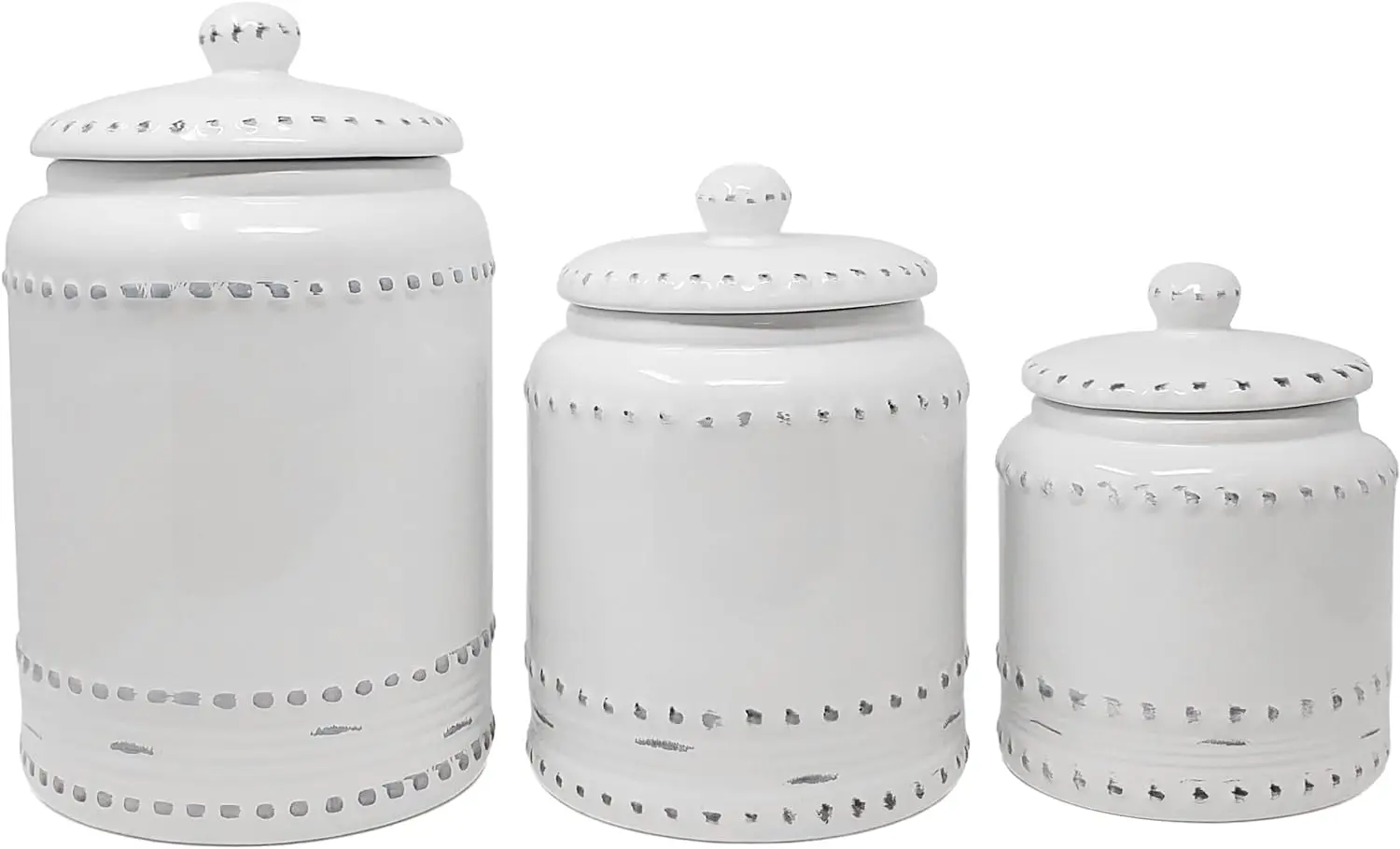 3 Piece Ceramic Canister Set With Air-Sealed Lids & Bonus Decal Labeling Stickers - Ivory White With Antique-Style Finish 3 