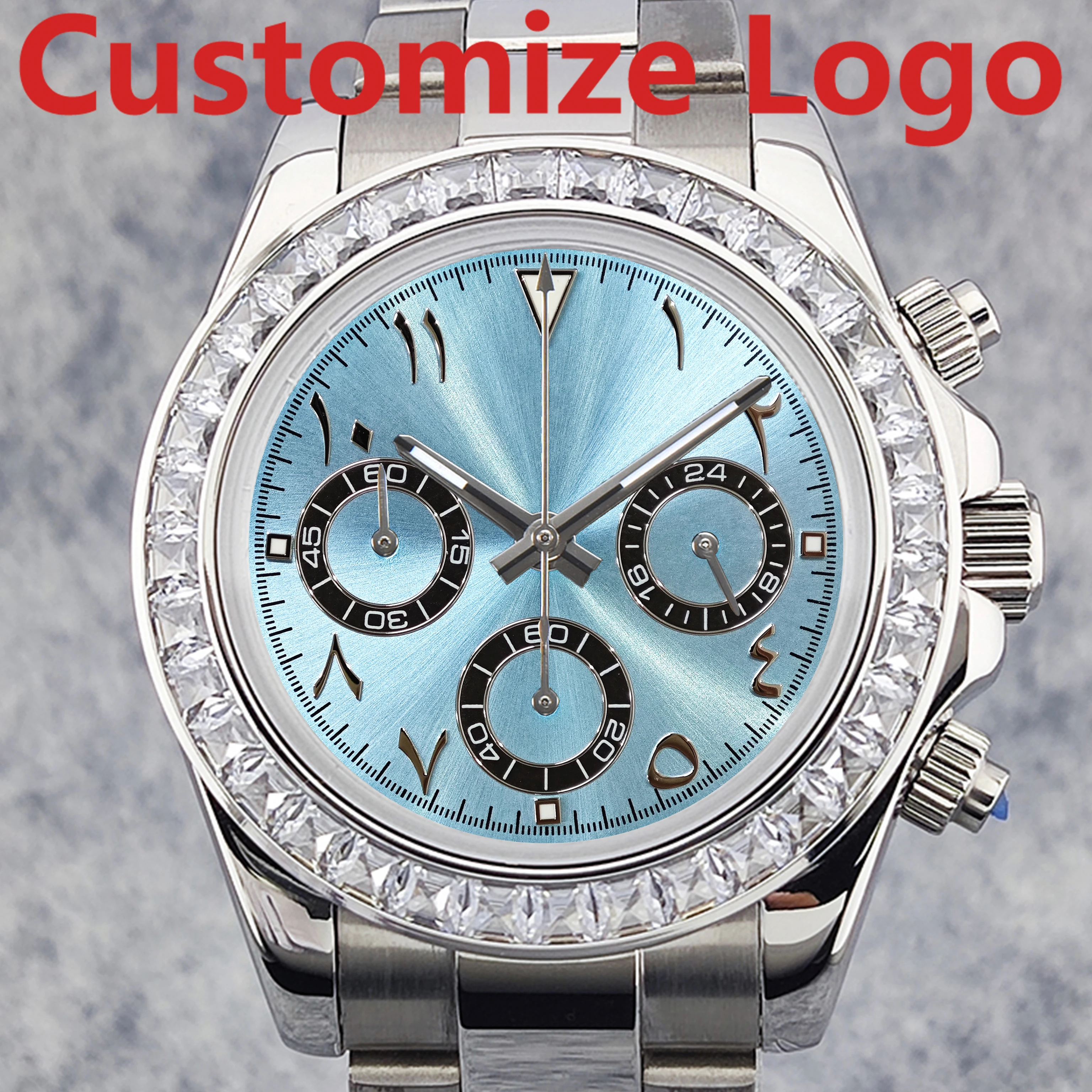 OUMASHI 42mm Diamond bezel Arabic Index Silver Men’s Chronograph Watch VK63 Quartz Movement Luminous Sapphire Glass Waterproof