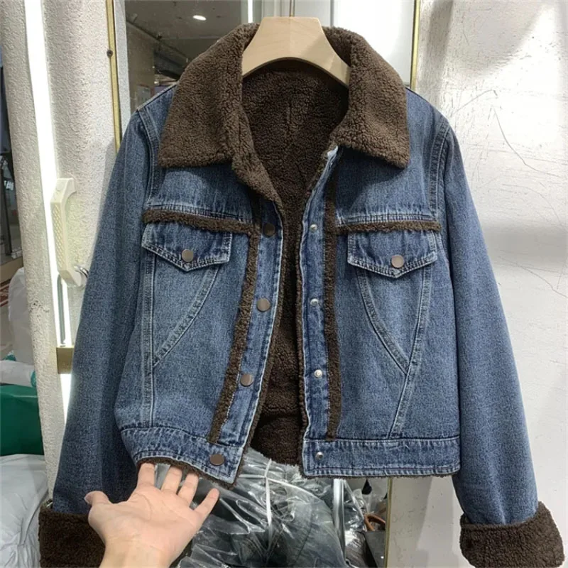 Casaco denim espesso de inverno feminino, jaqueta de algodão acolchoada, redutor de idade, jaquetas de tweed, roupas da moda, novo estilo, 2024