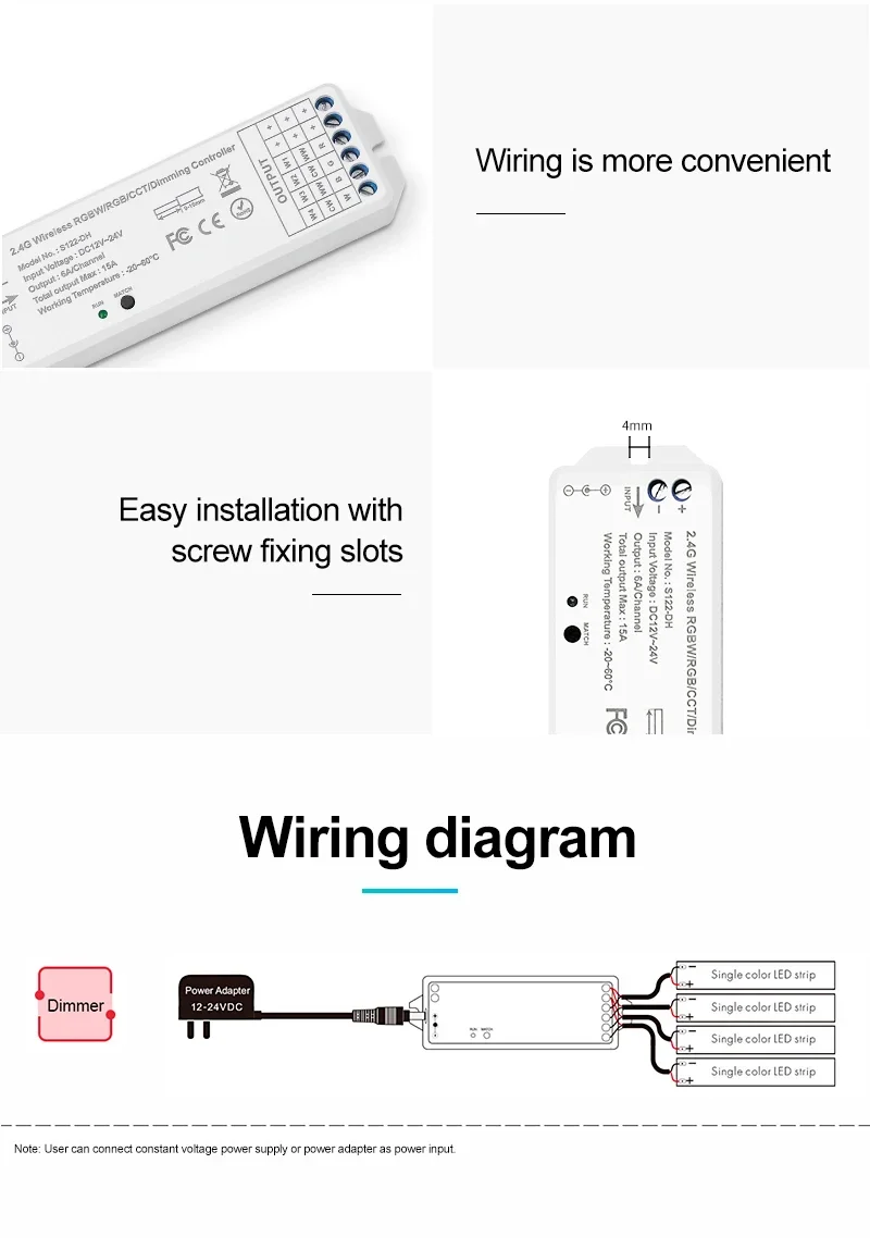 LED Dimmer PWM Wireless DIM Touch Remote Controller DC 12V 24V 6A Dimming Switch Adjust Bright for Single Color LED Strip Light