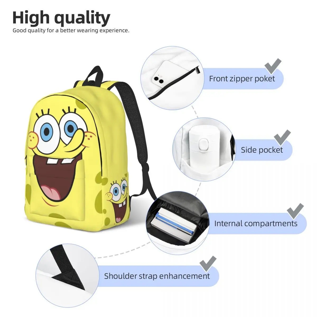 SpongeBobing Face Backpack per Boy Girl Kid Student School Bookbag Cartoon Canvas Daypack borsa per l'asilo prescolare con tasca