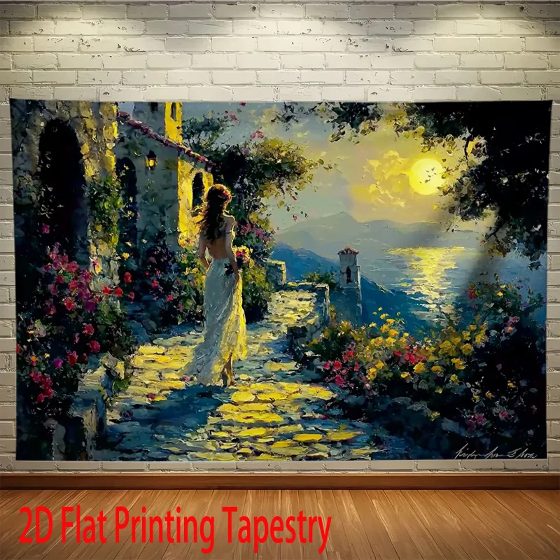 Romantic Moonlight Woman Tapestry Mediterranean Village Art Wall Hanging Vintage Decor Bedroom Print