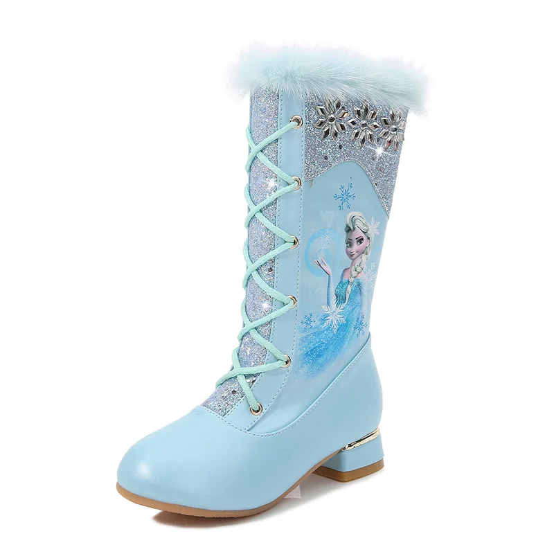 Girls High Heel Boots Winter New Princess Elsa Long Boots Children High Boots Fleece-lined Knight Little Girl Shoes Fashion