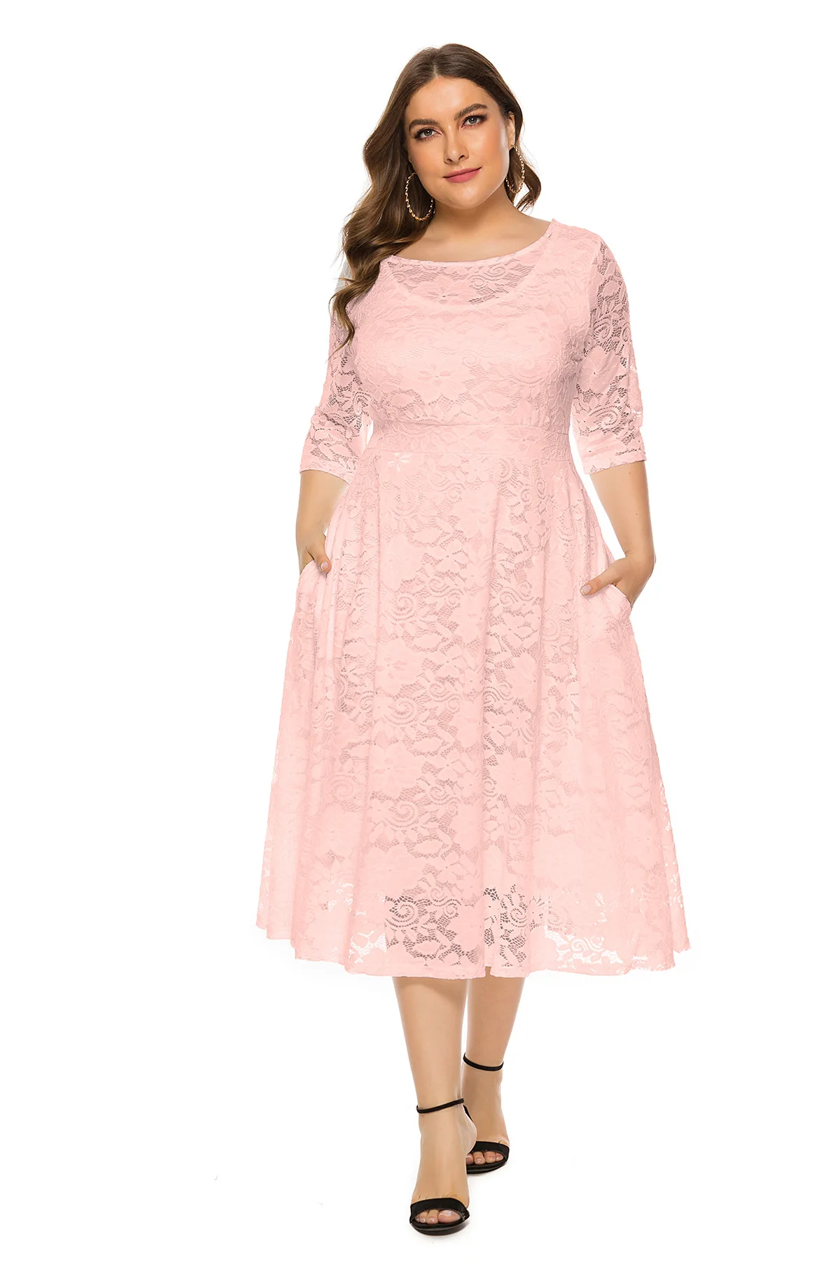 Plus Size Women\'s Dresses Autumn New Arrivals Lace Round Neck Three-quarter Sleeve Dress Fashion Casual Commuter Plus Size Dress