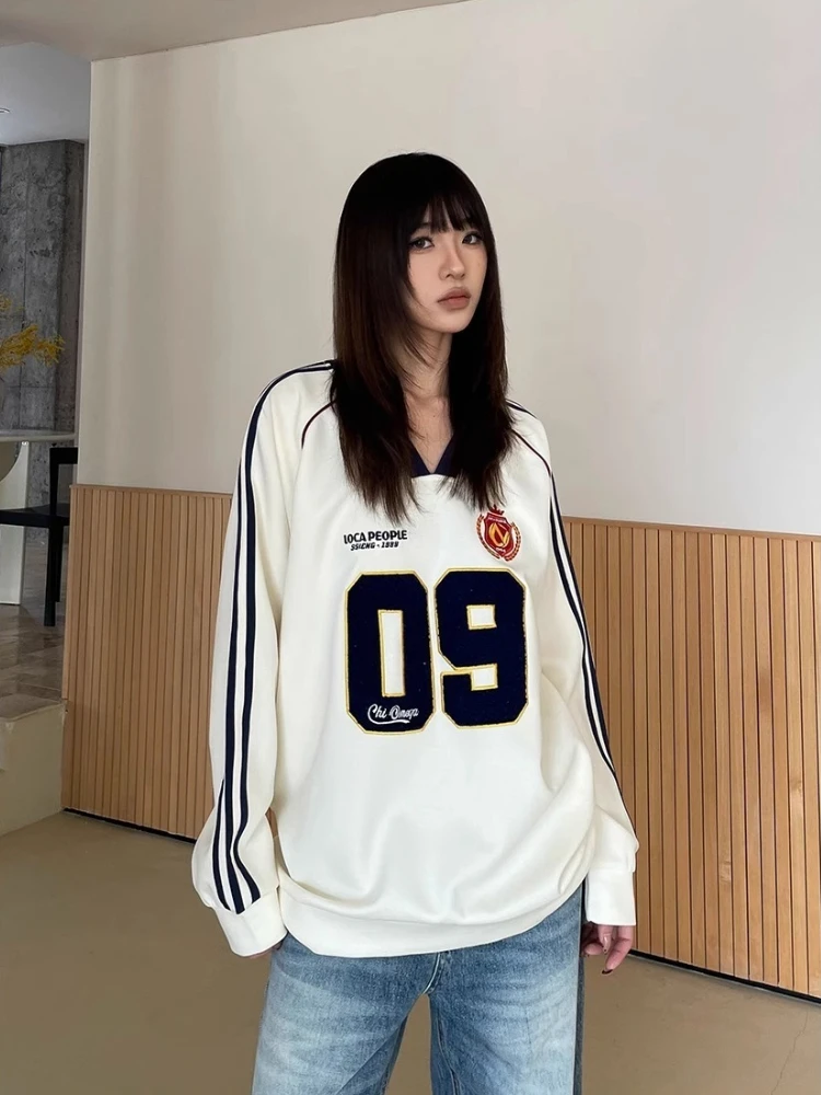 النمط الياباني الكوري الوزن الثقيل الهيب هوب الخامس الرقبة جيرسي نمط البلوزات 2025 الخريف المتضخم للجنسين البلوفرات المرأة بلايز عادية #5