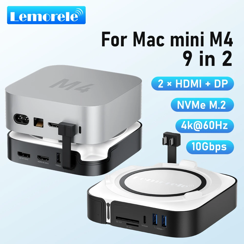 Lemorele TC800 Mac mini M4 9-in-2 USB C Hub Dock with Dual 4K HDMI DP 10Gbps NVMe M.2 SSD Slot SD/TF Card Reader for Mac Mini M4