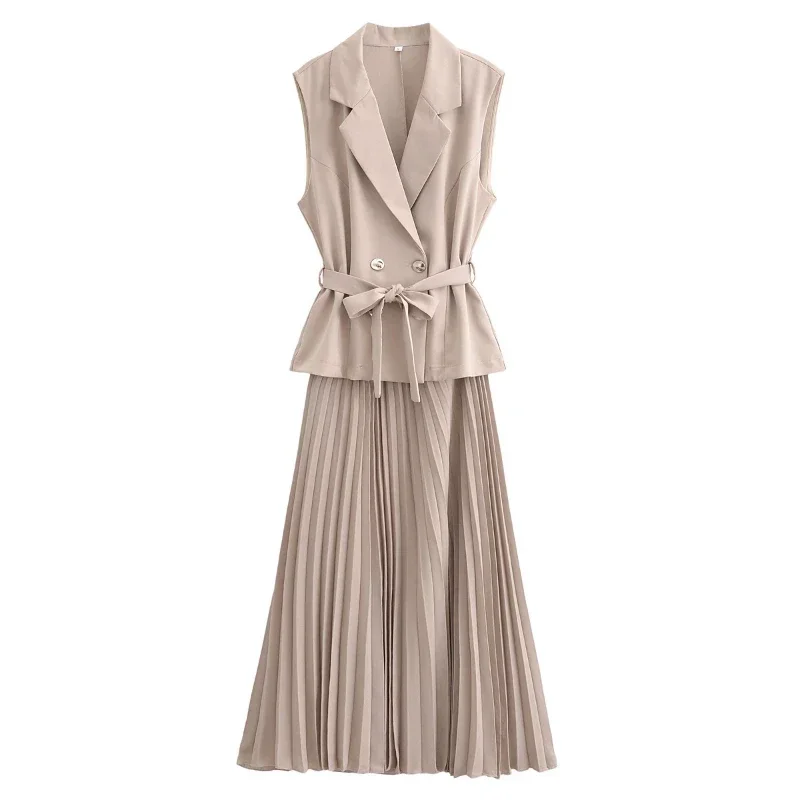 Fashion Sleeveless Office Party Dress Ruched Midi Evening Dresses New in Summer Solid Color Elegant Pleated Vests Long Dresses