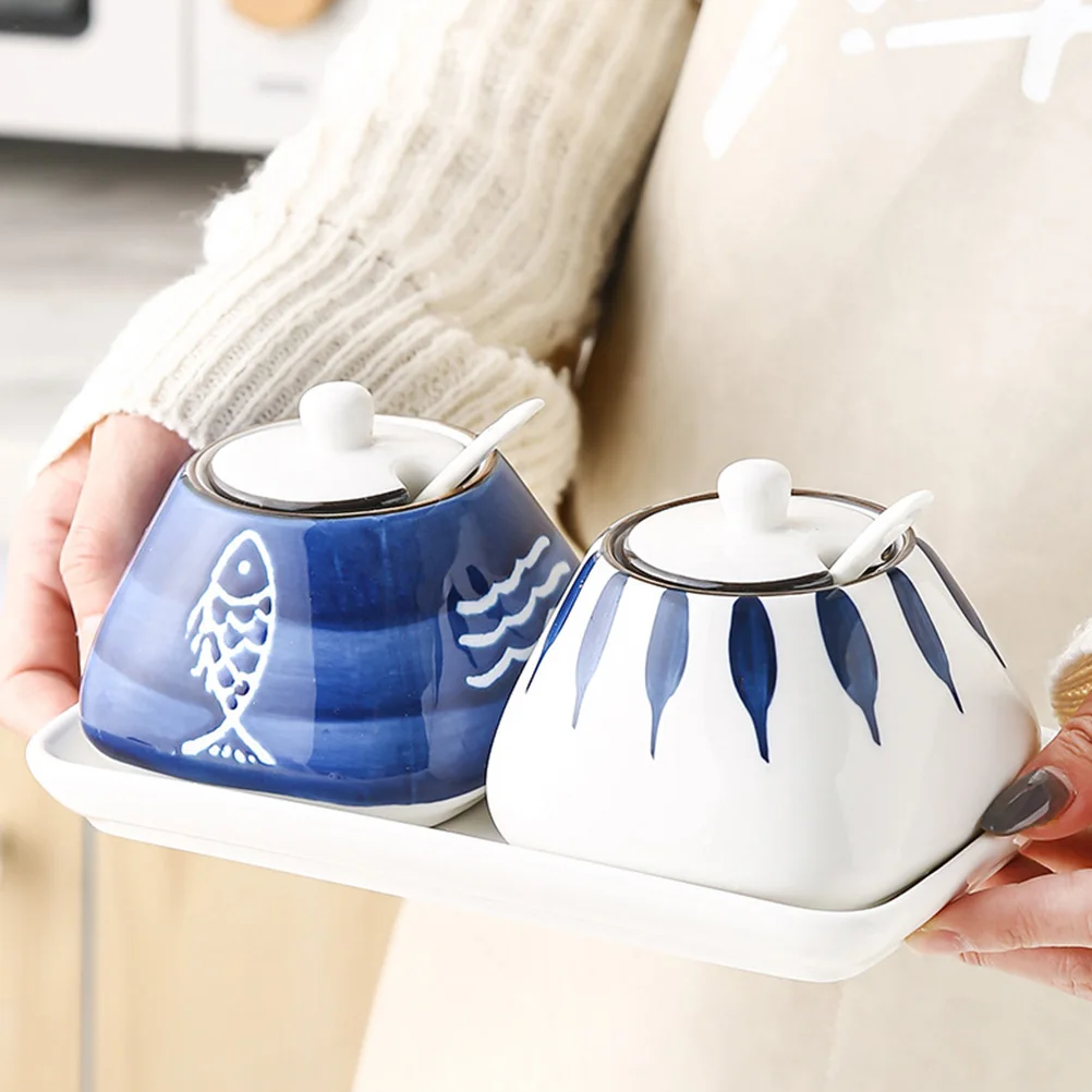 

1Pcs Ceramic Japanese Style Spice Jar Creative Pattern Condiment Jar Spoon Lid Anti-Skid Bottom Handmade Brown Edges Underglaze
