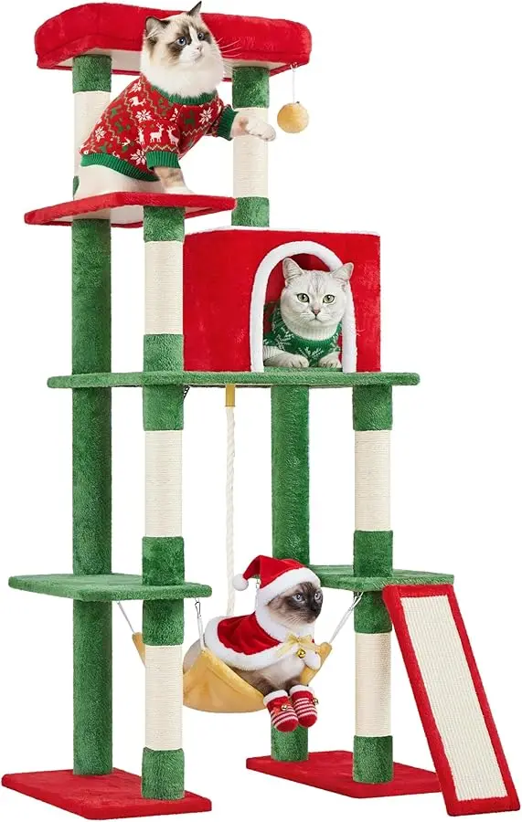 

Yaheetech 63in Christmas Cat Tree, Multi-Level Cat Tower with Cozy Caves, 7 Scratching Posts, Scratching Ladder, Hammock for Ind