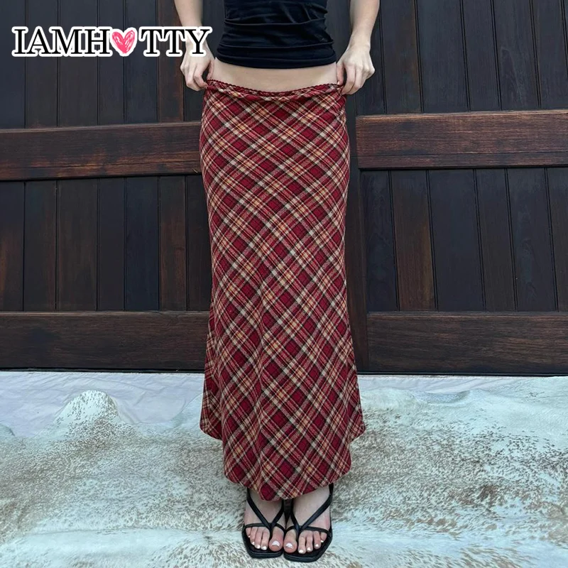 

IAMHOTTY Красная клетчатая юбка-труба Рождественский фестиваль Длинные юбки с высокой талией Винтажные макси-юбки-русалки Эстетический низ Y2K