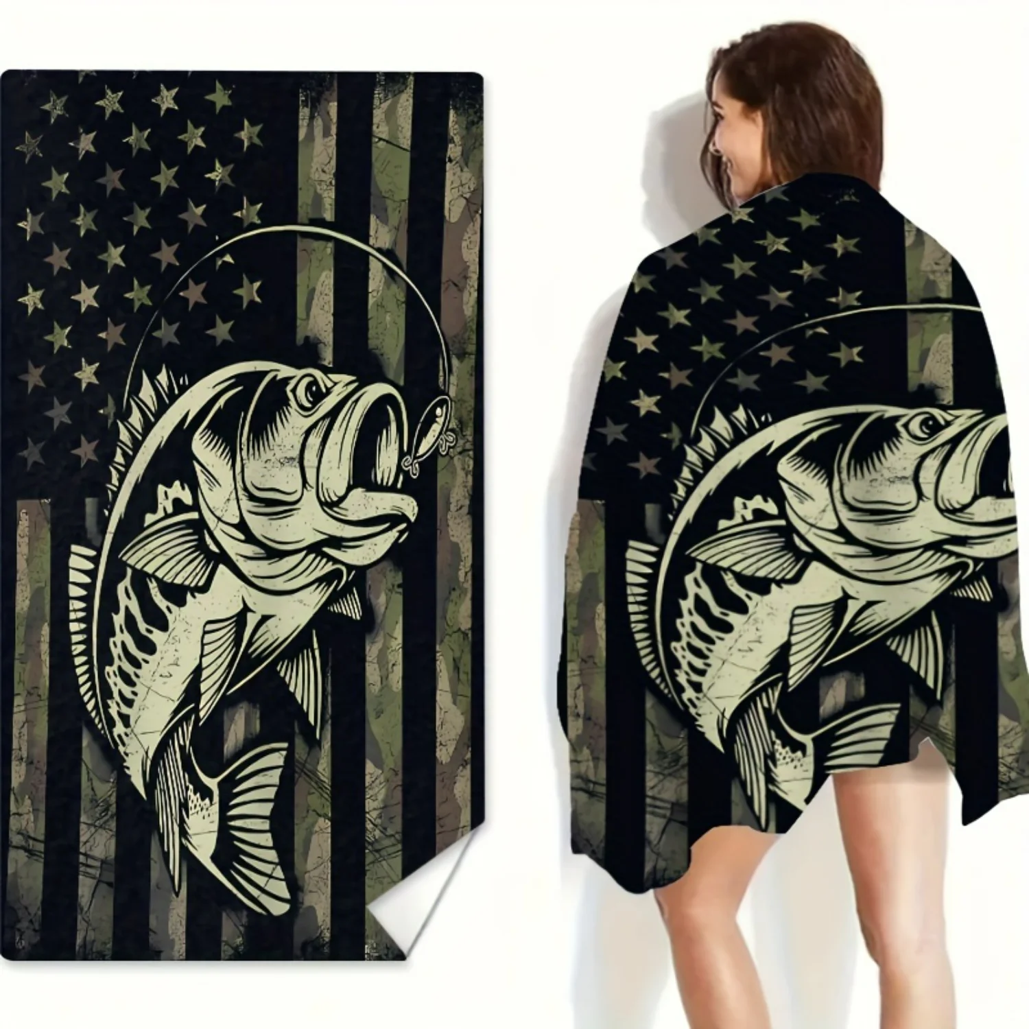 

1pc & Fishing Pattern Beach Towel, Absorbent Beach Towel, Soft Beach Blanket, For Travel Camping Swimming Vacation, Beach , Gif