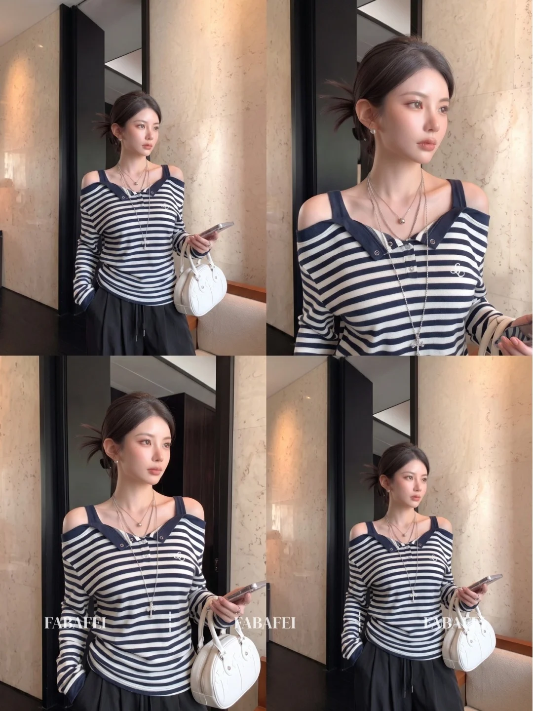 Casual Style Striped Shoulder Bared Long Sleeve T-Shirt Women's Early Autumn Half Open Collar Fake Two-Piece Top Smart Sport