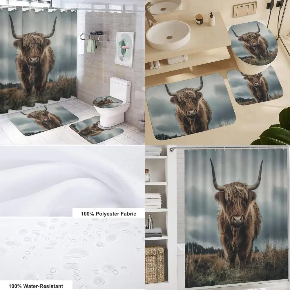 

Highland Cow Vintage Shower Curtain Set with Rugs, Non-Slip Mat, U-Shape Bath Rug, Toilet Lid Cover & Hooks