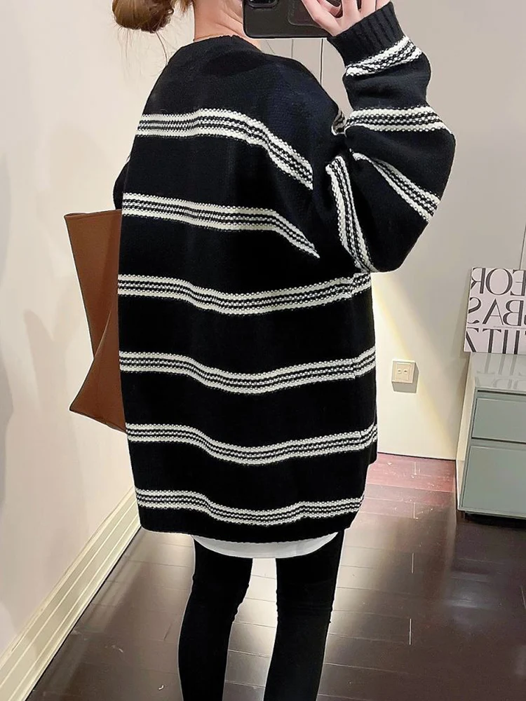 Zoki Oversize Women Striped Knitted Sweater Vintage Lazy Wind Casual Pullover Korean Loose Long Sleeve All Match Jumper Outwear