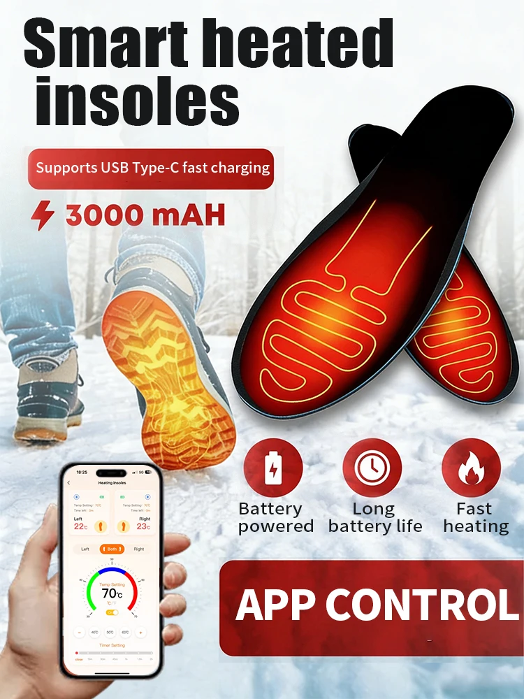 

Перезаряжаемые стельки с подогревом и управлением через приложение, 3000 мАч, электрические, для зимнего тепла ног, 3-скоростные, для обуви