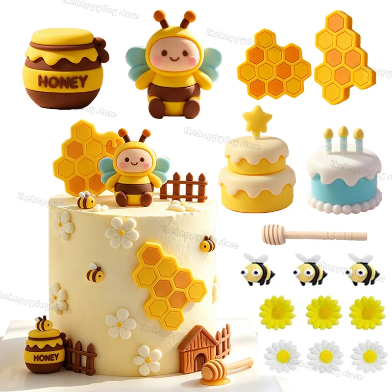 1 Set Bienen-Kuchendekorationen: Honigwaben-Topper, Bienen- und Gänseblümchen-Kugeln für Geburtstags- und Babyparty-Kuchen