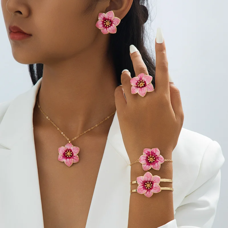 5pcs Jewelry Set Romantic Handmade Oil Dripping Gradient Dyeing Double-Layer Irregular Flower Pendant Necklace Earrings Bracelet