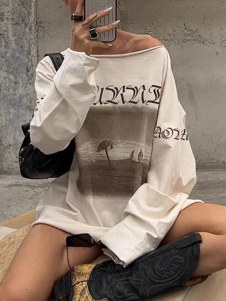 Weird Puss Casual Loose Pullover T-Shirt Women Autumn Trend Skew Collar Full Sleeve Graphics Print Casual Soft Wild Daily Tees