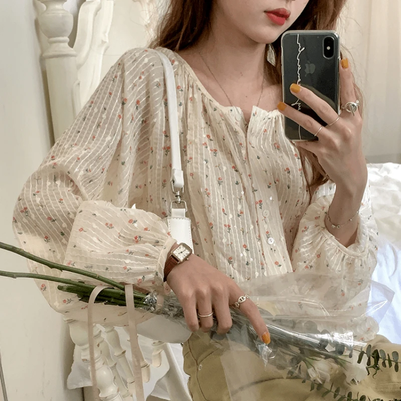 Blouses Women Summer Retros Floral Korean Style Loose Chiffon O-neck All-match Holiday Long Lantern Sleeve Fashion Ins Casual