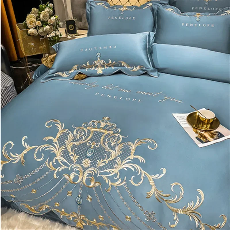 European Style Bedding Set Luxury Gold Royal Embroidery Satin Double Duvet Cover Pure Cotton Bed Sheets and Pillowcases Bed Set