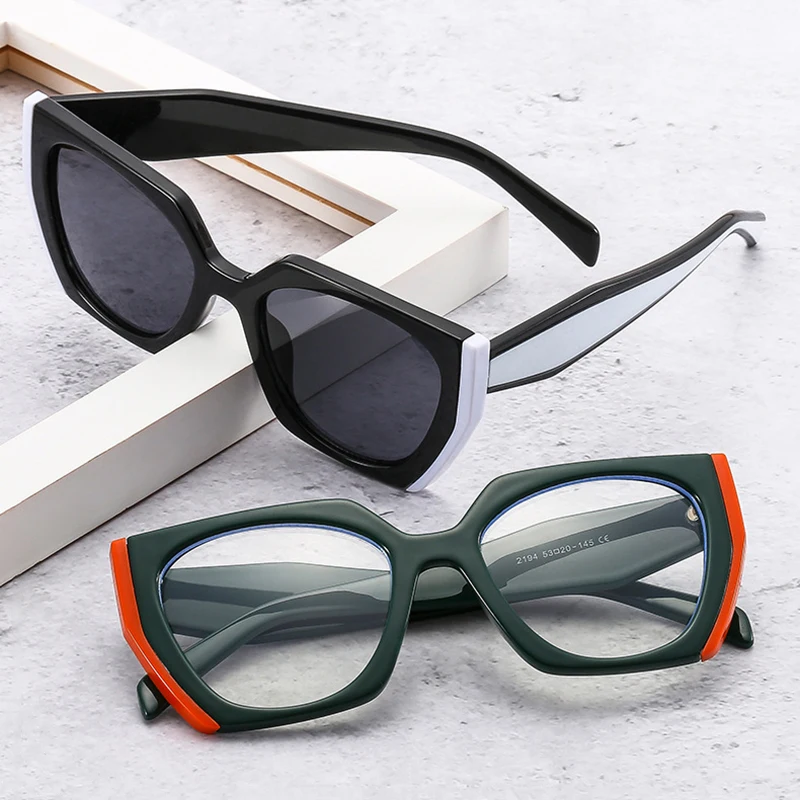 SO&EI Ins Popular Fashion Polygon Cat Eye Sunglasses Women Vintage Clear Gradient Shades UV400 Men Double Color Sun Glasses