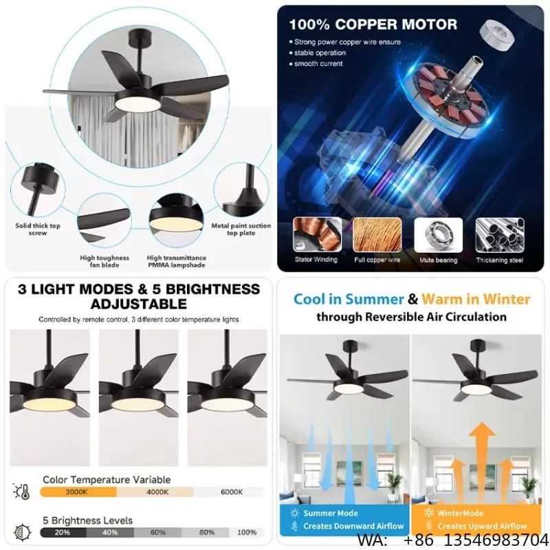 Ready to Ship Discounted Price Indoor 46 Inch 5 ABS Blade 3-Color Temperature Remote Control Dimmable Mute Led Ceiling Fan Light