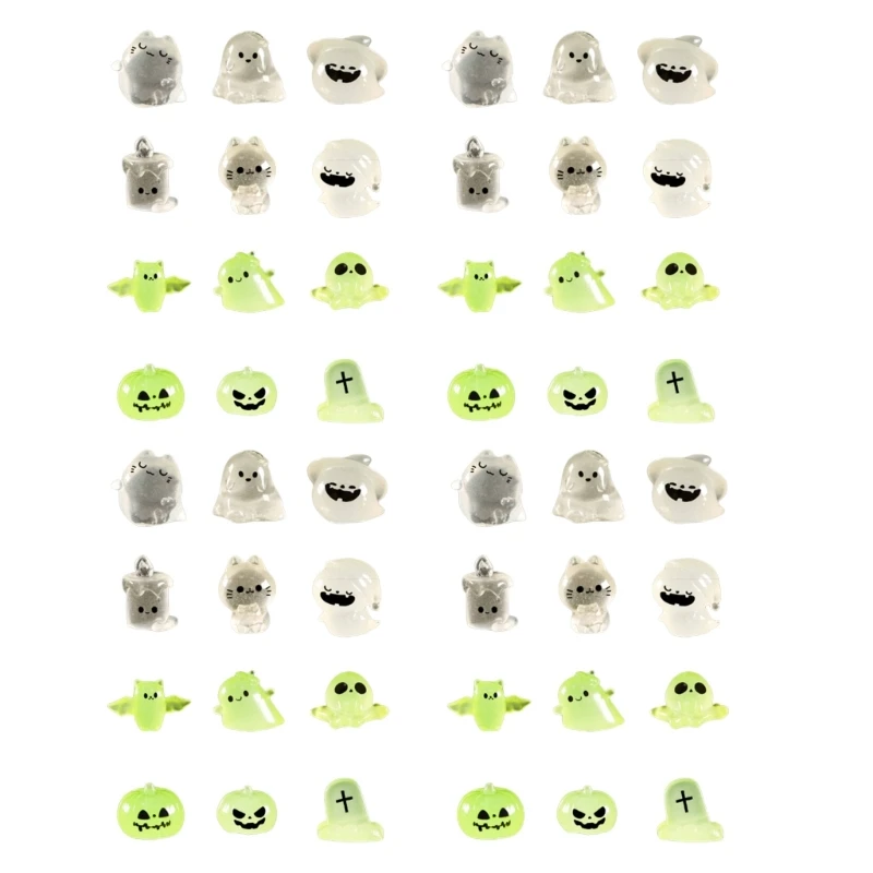 48Piece Glowing Halloween Miniature Set Glowing Halloween Miniature Decoration Resin Specter Bat Skull Charm for Craft