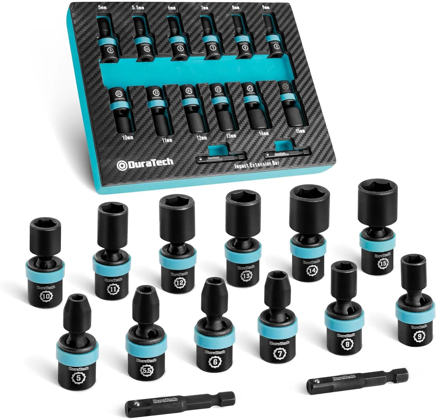 

1/4" Drive Impact Universal Joint Socket Set, 14-Piece Metric Swivel Sockets 5-15mm with 2" Extension Bars, Cr-Mo Steel EVA