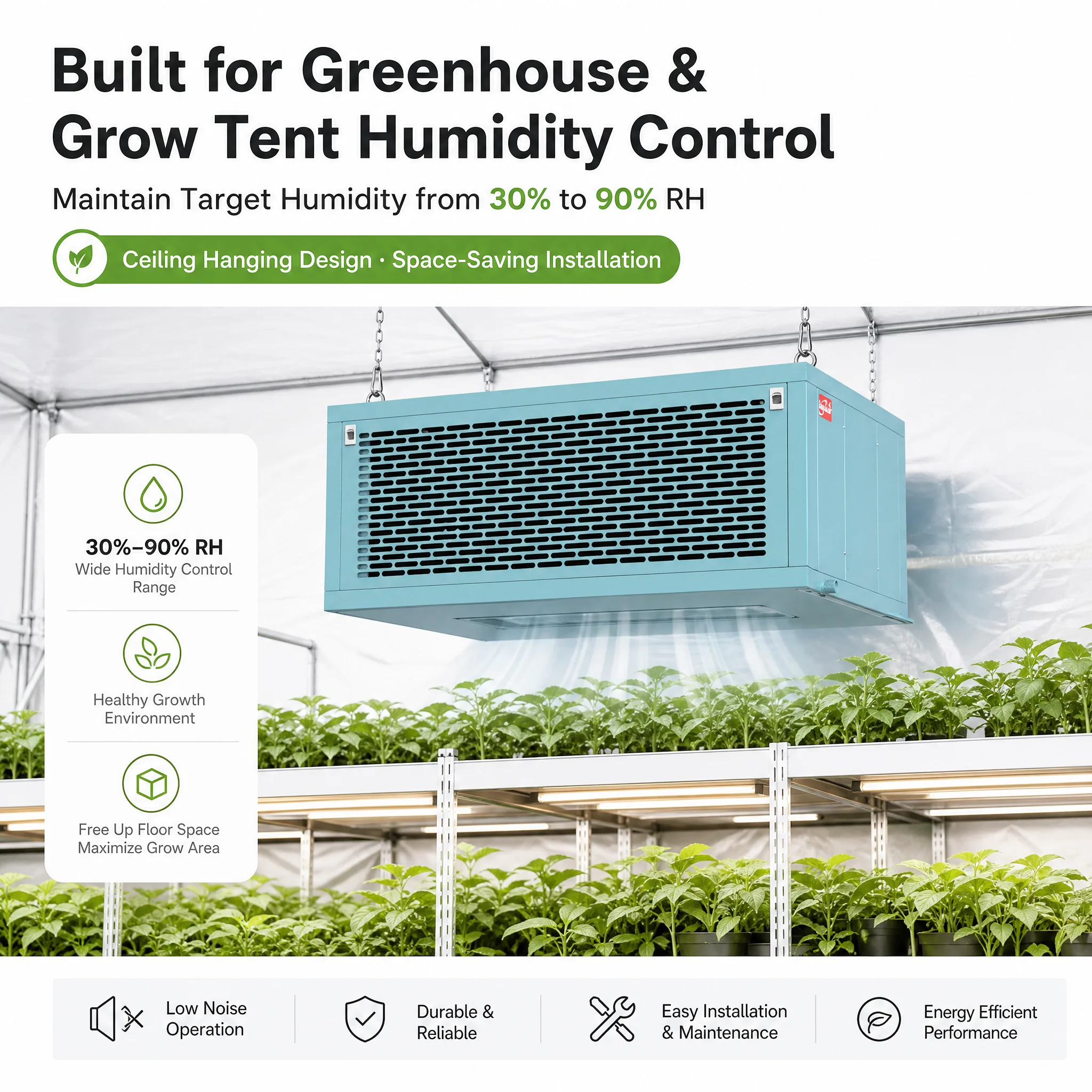 New Superior Greenhouse Dehumidifier Ceiling Hanging Energy Efficient Digital Display Automatic Restart for Commercial Growing